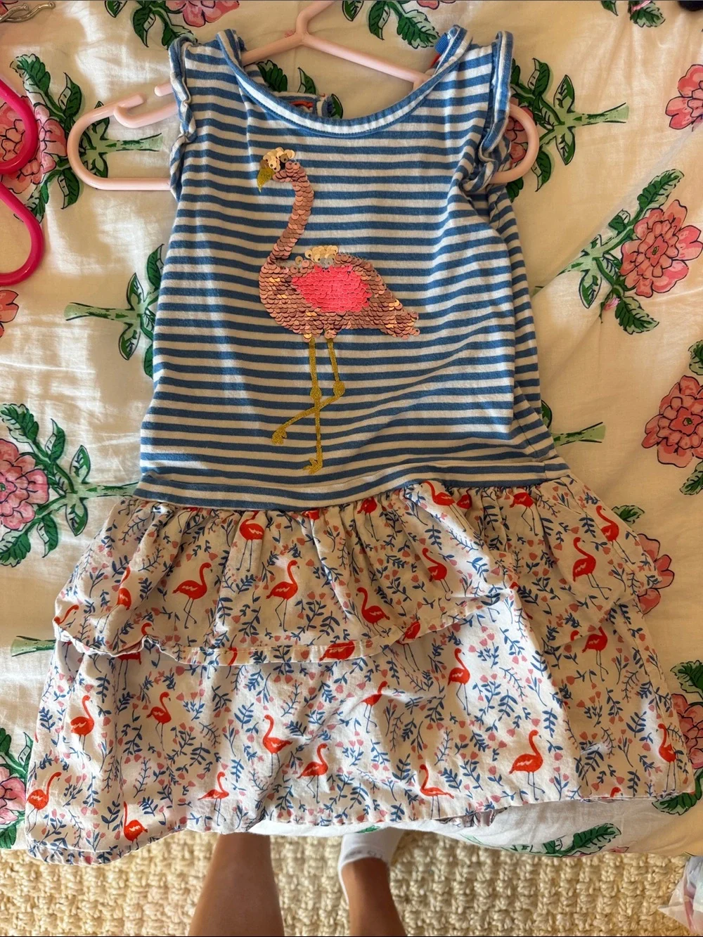 Mini Boden Blue Striped Flamingo Tiered Dress